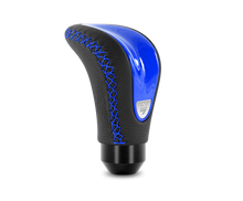 Load image into Gallery viewer, Momo Combat Evo Shift Knob - Black Leather, Blue Insert, Blue Stitching