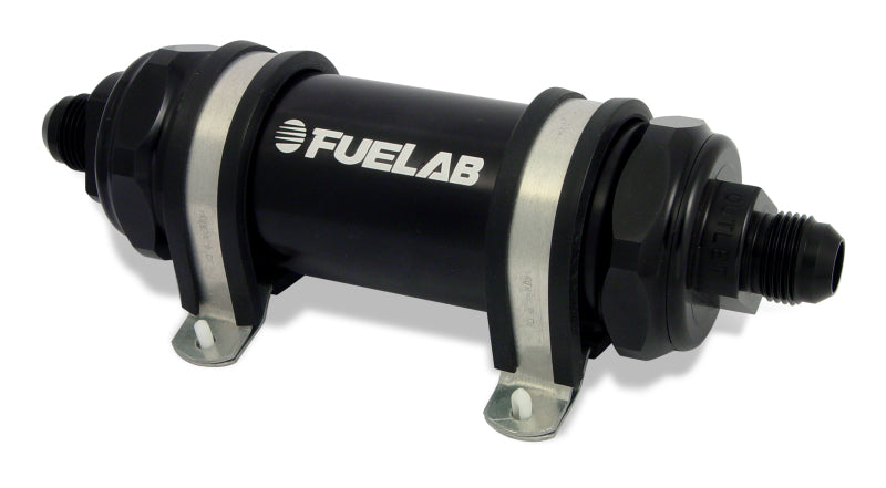 Fuelab 828 In-Line Fuel Filter Long -8AN In/Out 100 Micron Stainless - Black