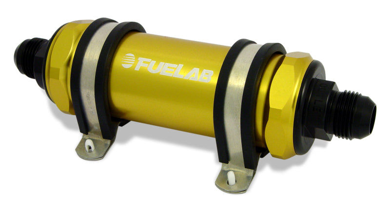 Fuelab 828 In-Line Fuel Filter Long -8AN In/Out 10 Micron Fabric - Gold