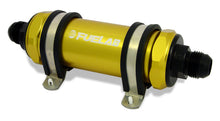 Load image into Gallery viewer, Fuelab 828 In-Line Fuel Filter Long -6AN In/Out 100 Micron Stainless - Gold